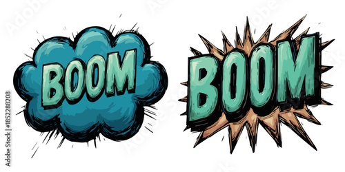 Dwa komiksowe dymki z dźwiękiem wybuchu "BOOM" na przezroczystym tle, styl retro.