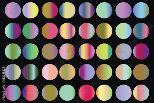 Metalic gradient collection with shiny rainbow hologram. Holographic foil texture, green, blue, yellow, pink gradation. Vector set for frame, ribbon, border, other design.