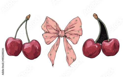 Rysunkowe wiśnie i różowa kokarda na przezroczystym tle, uroczy element graficzny do dekoracji.