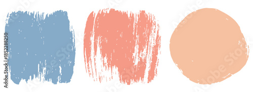 Trzy ręcznie malowane pociągnięcia pędzlem w kolorach niebieskim, koralowym i beżowym na białym tle.