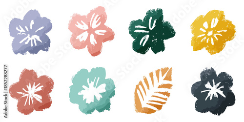 Zestaw kolorowych, ręcznie rysowanych stempli kwiatowych i liści na przezroczystym tle, styl akwarelowy.