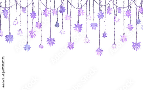 Dekoracyjne wiszące fioletowe gwiazdki i płatki śniegu na przezroczystym tle, idealne na święta.