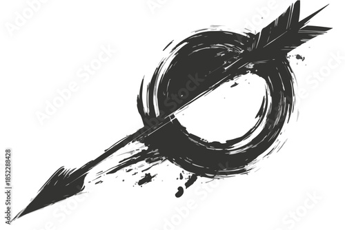 Czarna, pociągnięta pędzlem grafika strzały przebijającej abstrakcyjny okrąg z efektem rozbryzgu.