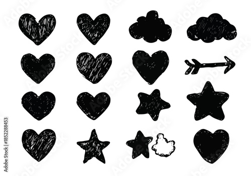 Zestaw ręcznie rysowanych, czarnych symboli: serca, chmury, gwiazdy i strzałka na białym tle.