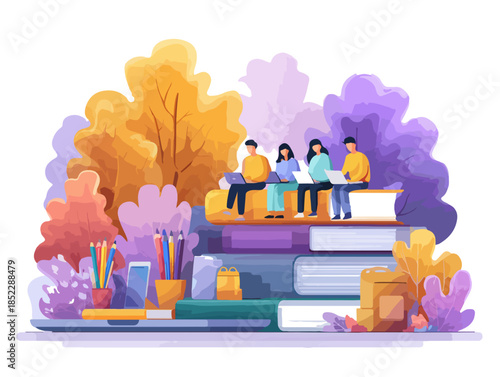 Studenci pracujący na laptopach siedzący na stosie książek w otoczeniu jesiennej roślinności, koncepcja nauki.