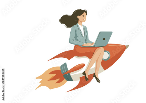 Bizneswoman z laptopem leci na rakiecie, symbolizując szybki rozwój kariery i innowacje technologiczne.