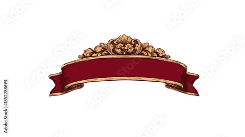 Elegancka, bordowa wstęga bannerowa z antycznym, złotym zdobieniem na przezroczystym tle.