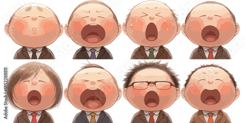 Zestaw ośmiu karykaturalnych postaci biznesowych w garniturach, ziewających szeroko na przezroczystym tle.