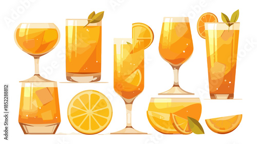 Zestaw różnych szklanek z przezroczystym, orzeźwiającym sokiem pomarańczowym i plasterkami cytrusów.