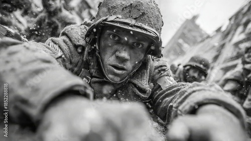 Determined soldier crawls forward through gritty battlefield

