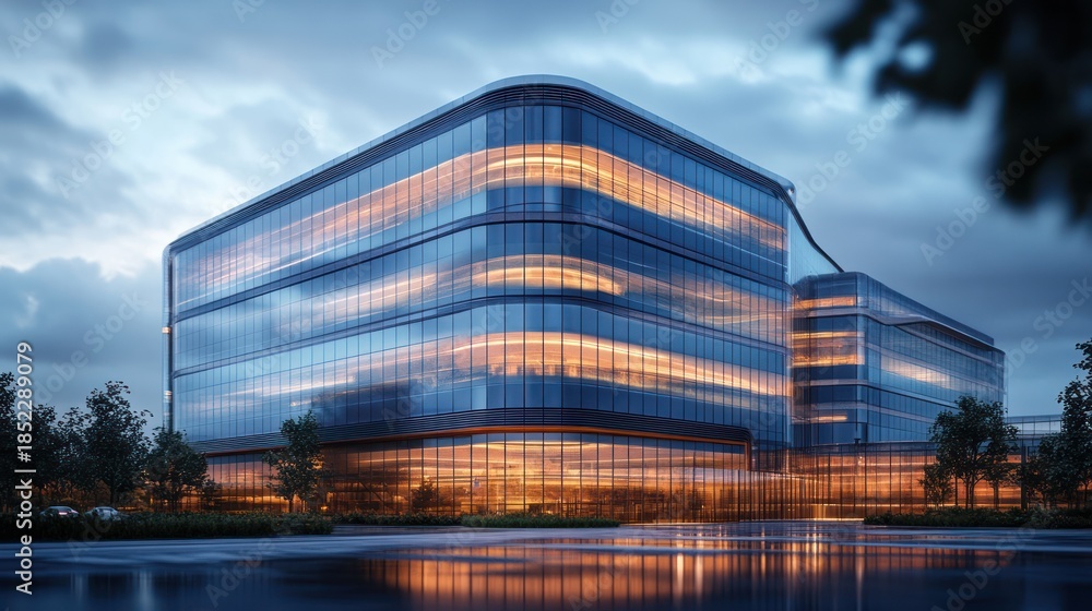 Fototapeta premium Modern Glass Office Building Reflecting Sunset Sky
