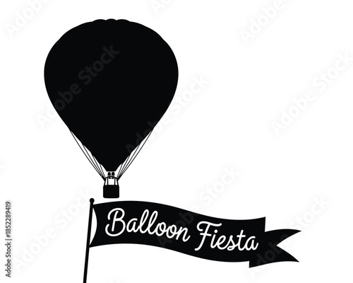 Black silhouette of a classic hot air balloon with a decorative banner, perfect for symbolizing travel, adventure, and festive celebrations. Ideal for event branding or graphic design