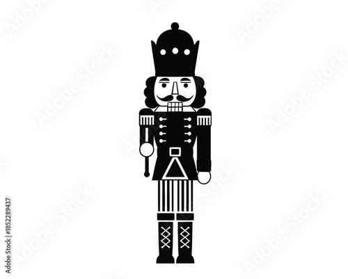 Elegant black and white graphic design of a traditional nutcracker character, showcasing its iconic military uniform and royal crown, perfect for holiday-themed visual projects and festive decorations