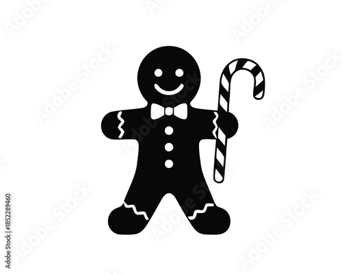 A simple black and white illustration of a gingerbread man holding a candy cane, perfect for holiday designs