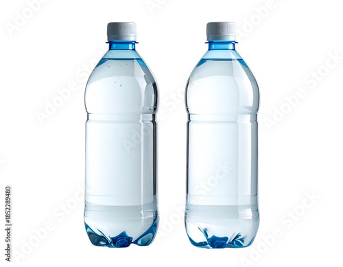 Two clear plastic bottles filled with clear liquid
