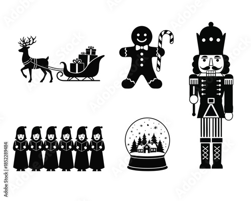 Festive Holiday Season Silhouette Collection Iconic Christmas Symbols with Reindeer Sleigh, Gingerbread Man, Nutcracker, Carolers, and Winter Snow Globe