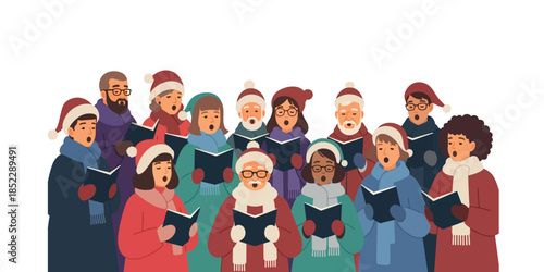 A Diverse Group of People Wearing Santa Hats and Singing Christmas Carols Joyfully