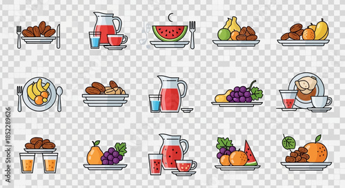 Collection of flat design icons featuring various fruits, dates, and beverages like juice and coffee, presented on plates and in pitchers and cups.