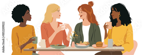 Ilustracja czterech różnorodnych przyjaciółek pijących kawę i rozmawiających przy stole na przezroczystym tle.