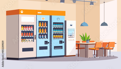 Office Breakroom with Vending Machines and Meeting Area