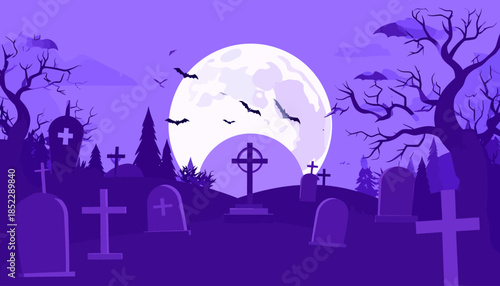 Spooky Cemetery Scene with Moon and Bats