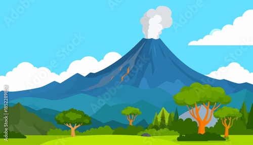 Volcano landscape with erupting smoke and lava flow