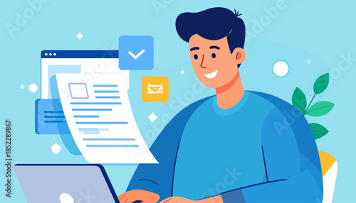 Man working on laptop with document online concept