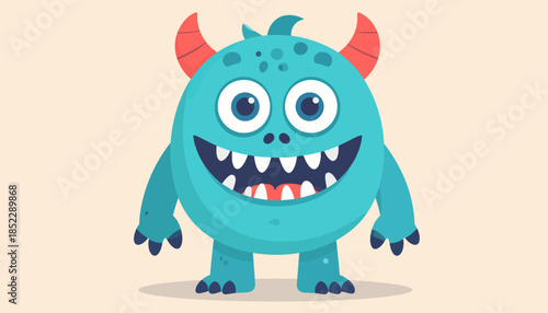 Cartoon Monster with Big Smile and Red Horns