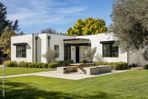 Modern house located in a green area with a simple design featuring a flat roof, clean lines, and a stone seating area under a clear blue sky during daytime