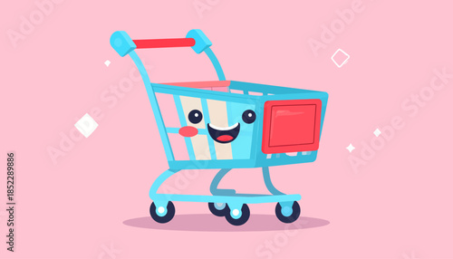Cartoon Shopping Cart Character on Pink Background