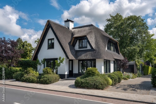 A charming house adorned with a thatched roof and a vibrant garden stands proudly on the street, all beneath a cloudy sky during daylight hours