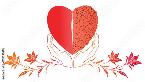 Illustration of a half-human brain and a heart-shaped logo icon in two hands and floral botanicals. Concept of a psychologically divided love logo symbol template. Vector illustration.
