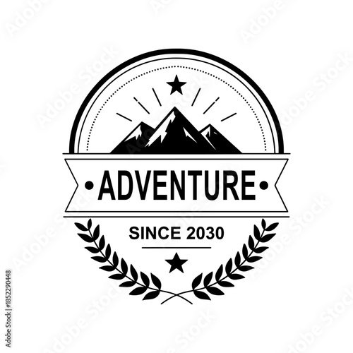Vintage adventure mountain badge logo with laurel wreath and ribbon banner