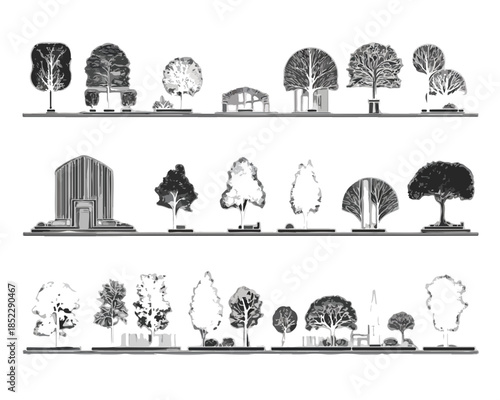 Zestaw czarno-białych wektorowych ilustracji drzew i architektury na przezroczystym tle do projektowania.