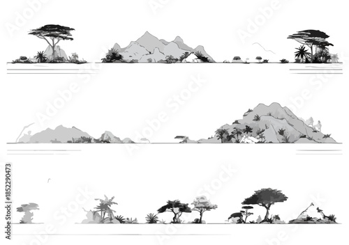 Zestaw czarno-białych wektorowych sylwetek krajobrazów sawanny afrykańskiej z drzewami akacjowymi i górami.