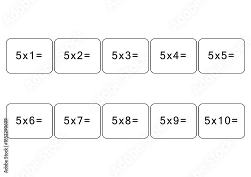 Multiplication and division table of 5. Maths card with an example, drawing. Multiplication Square, vector illustration. Printed products, banner, table for children, schoolchildren. School education.