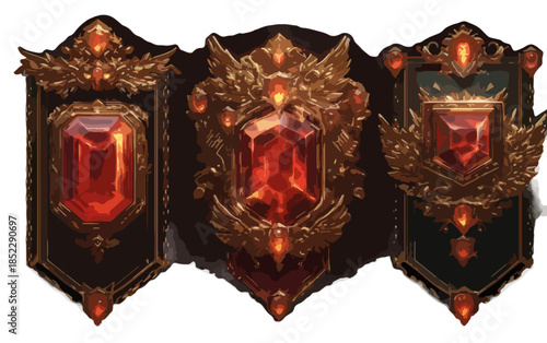 Trzy luksusowe, bogato zdobione tarcze herbowe z wielkimi, czerwonymi kamieniami szlachetnymi na przezroczystym tle.