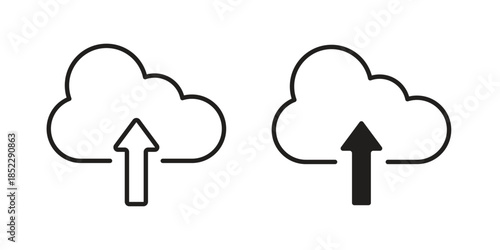Cloud upload icons for apps and print media. Editable stroke and flat icons