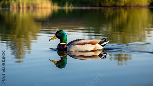 A serene mallard duck glides gracefully across a calm lake, its vibrant plumage reflecting in the still water