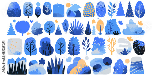 Zestaw ilustracji drzew i krzewów w odcieniach niebieskiego i żółtego na białym tle.