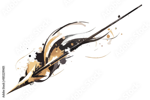Abstrakcyjne pióro w kolorach złota i czerni z plamami farby na białym tle, idealne do projektów graficznych.