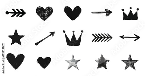 Zestaw ręcznie rysowanych czarnych ikon: serca, strzałki, korony i gwiazdy na białym tle.