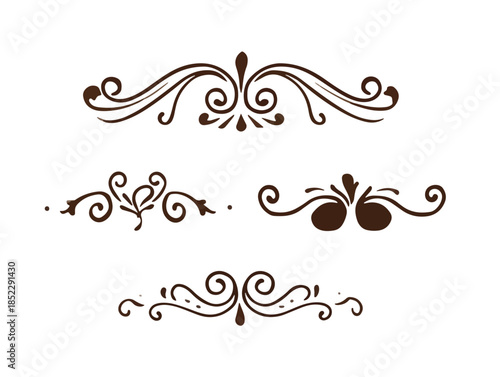Zestaw czterech eleganckich, brązowych, stylizowanych ornamentów dekoracyjnych i separatorów graficznych na białym tle.
