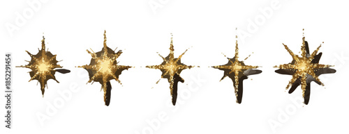 Złote, błyszczące gwiazdki i efekty blasku na przezroczystym tle, idealne do grafiki świątecznej.