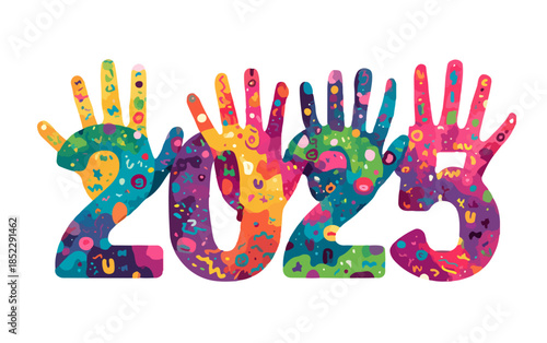 Kolorowe dłonie tworzące liczbę 2023 na przezroczystym tle, symbolizujące różnorodność i nowy rok.