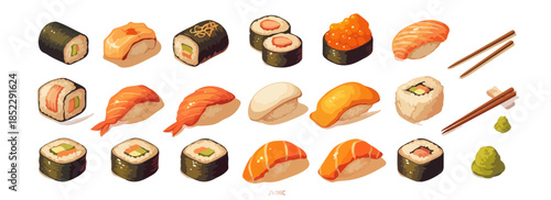 Zestaw izometrycznych ikon sushi i nigiri z pałeczkami i wasabi na przezroczystym tle.