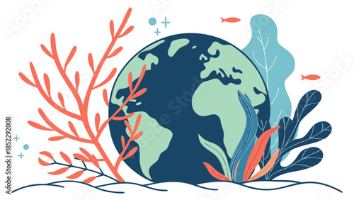 Vector illustration of a globe design featuring a stylized world map with nature icons like birds on a tree branch and artful flowers for an animal travel card symbol