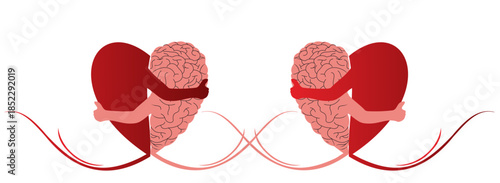 ilustrasi gambar dua setengah hati dan otak. Otak dalam bentuk hati dalam pengangan tangan. Ikon ilustrasi vektor, terisolasi di latar belakang putih. Konsep kesuksesan.