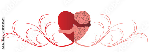Illustration of a half-heart and brain. A brain in the shape of a heart held in a hand. Vector illustration icon, isolated on a white background. Success concept.