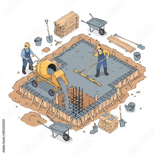 construction workers building foundation site.